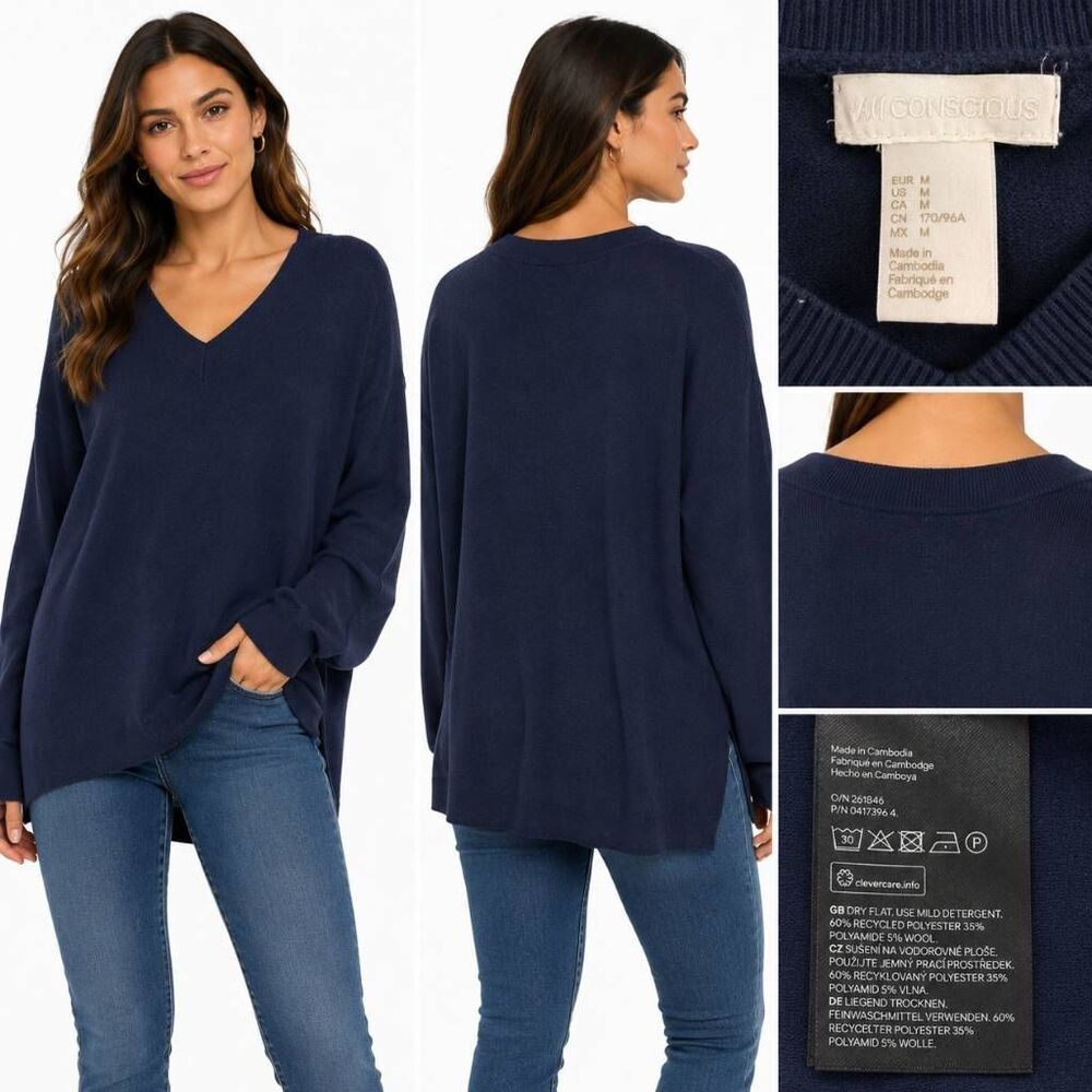 H&M Conscious Women’s Sweater Size M Navy Blue V-Neck Long Sleeve Pullover